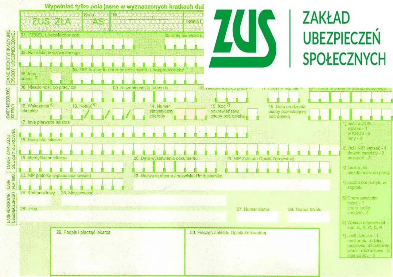 Formularz ZUS ZLA, który określa, kto płaci za L4. Zawiera dane ubezpieczonego, lekarza i płatnika.