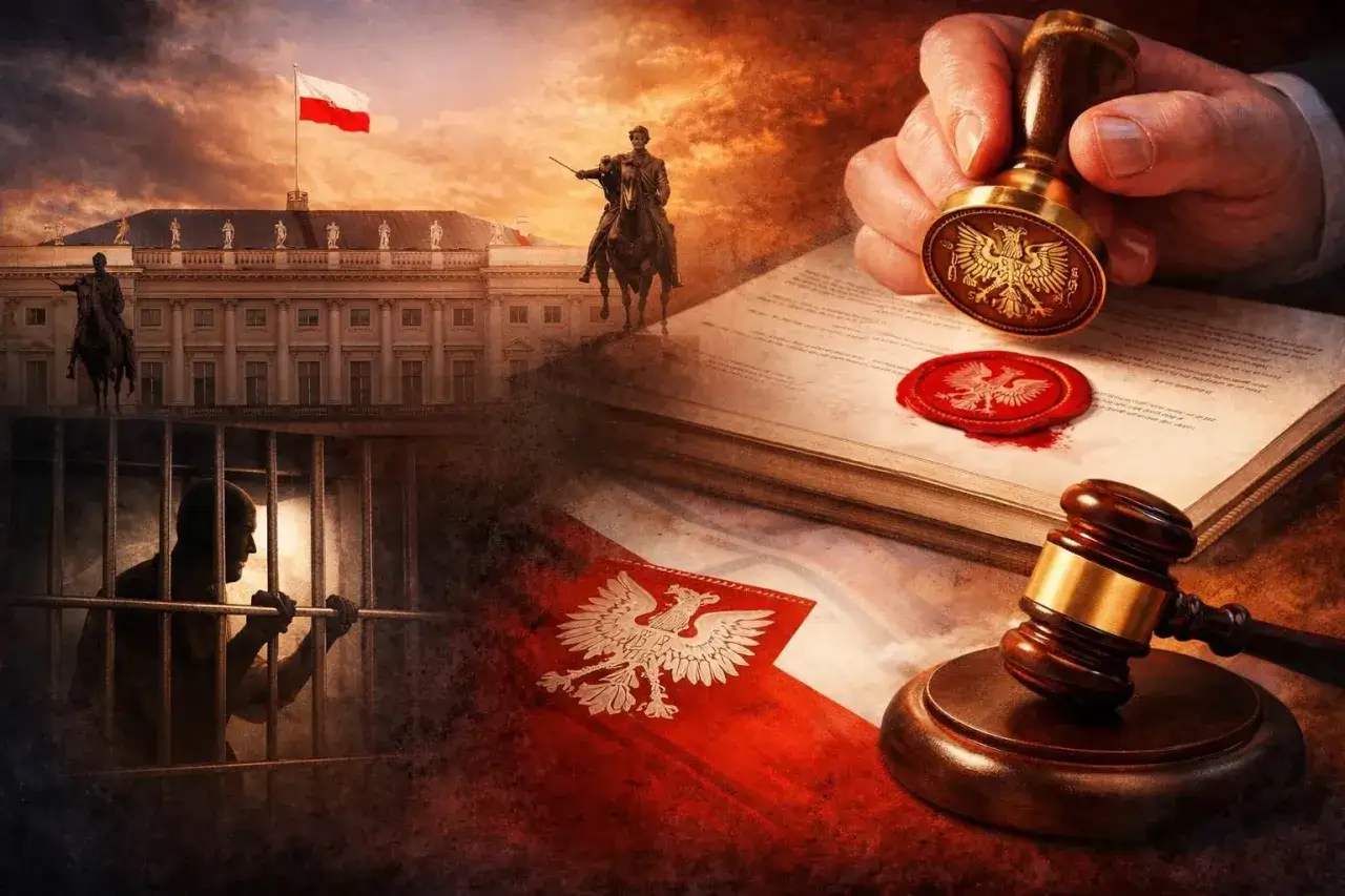 Symboliczne ułaskawienie: więzień, pałac, pieczęć i młotek sędziowski na tle polskiej flagi.